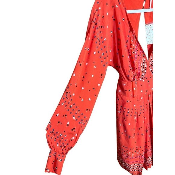NEW Free People Coryn Coral Orange Print Long Sleeve Dress red combo sz 6 - Picture 15 of 16
